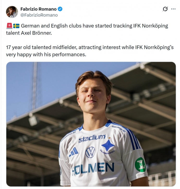 开云平台登录-罗马诺：德国、英格兰俱乐部关注北雪平17岁中场布伦纳